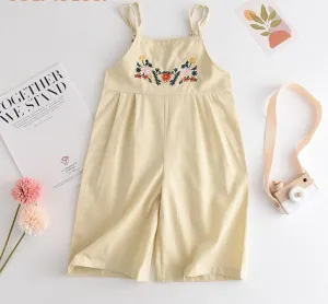 Floral Embroidered Sleeveless Kids Jumpsuit in Beige