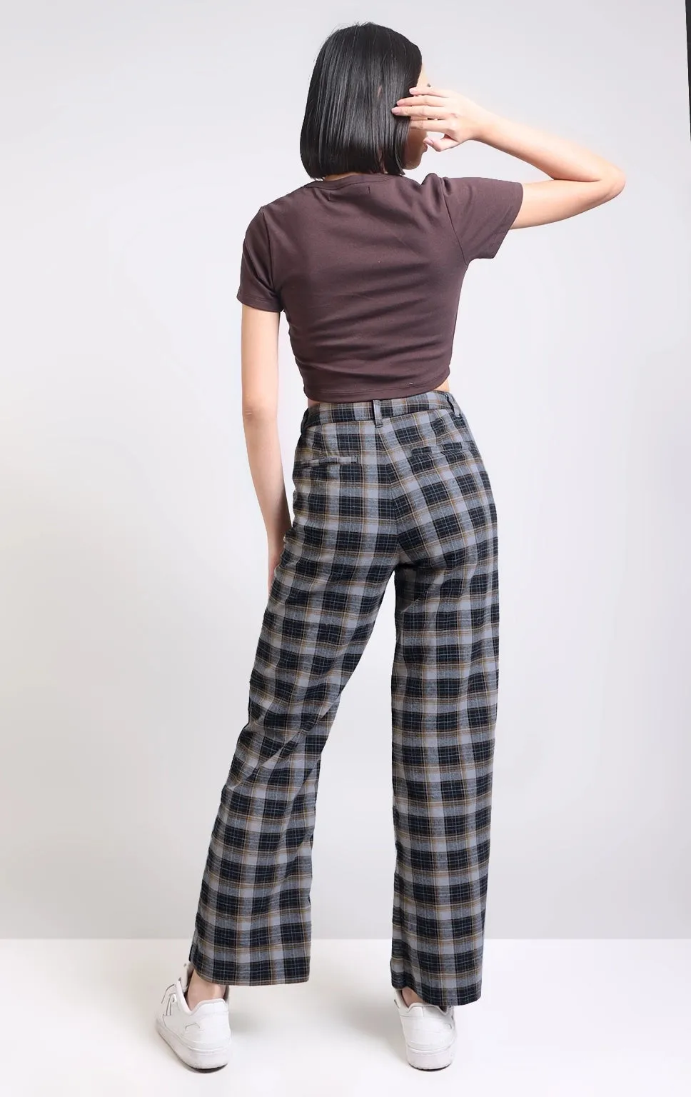 HIGH WAISTED CHECKERED WIDE LEG PANTS